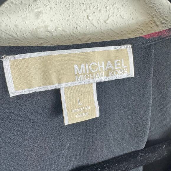 Michael Kors Black Red Rose Print Lined Lightweight Long Sleeve Chiffon Blouse L - Picture 8 of 10